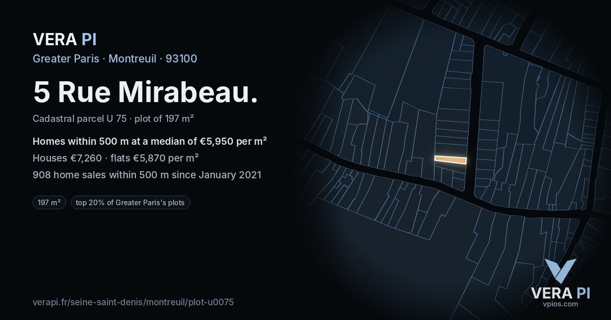 5 Rue Mirabeau, Montreuil at night – the plot lit, the parcels around coloured by the prices near them