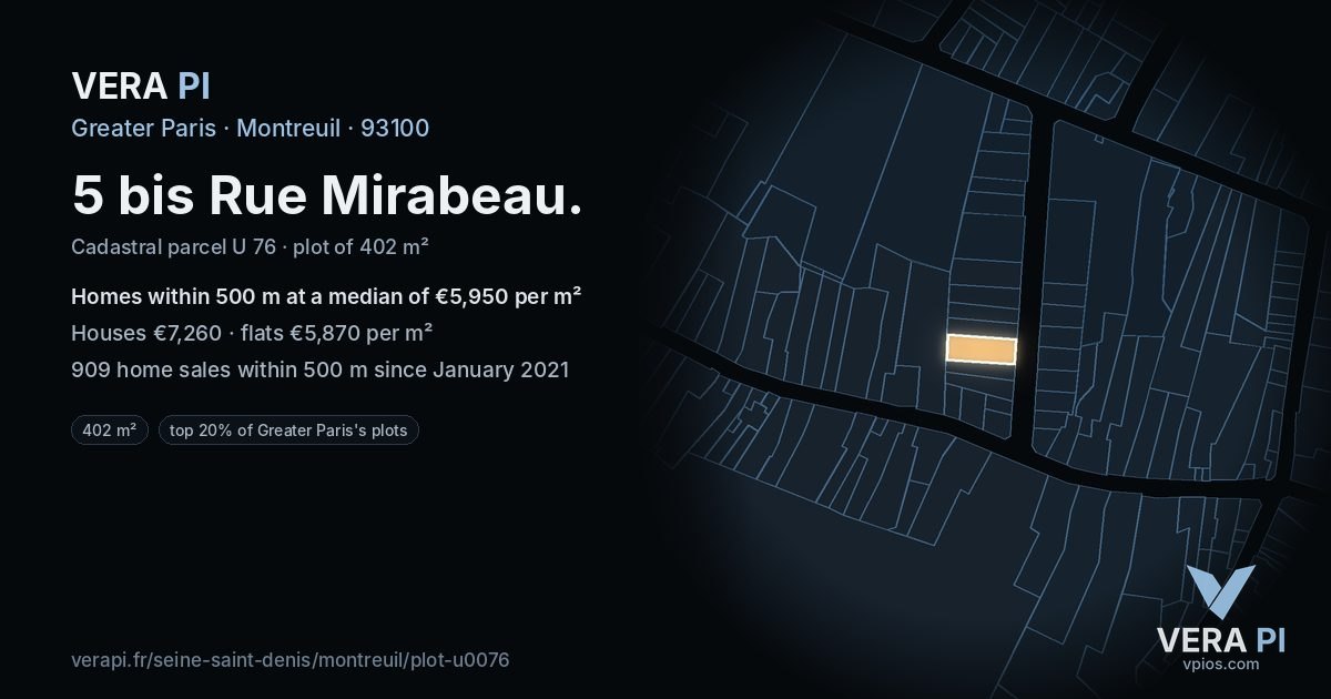 5 bis Rue Mirabeau, Montreuil at night – the plot lit, the parcels around coloured by the prices near them