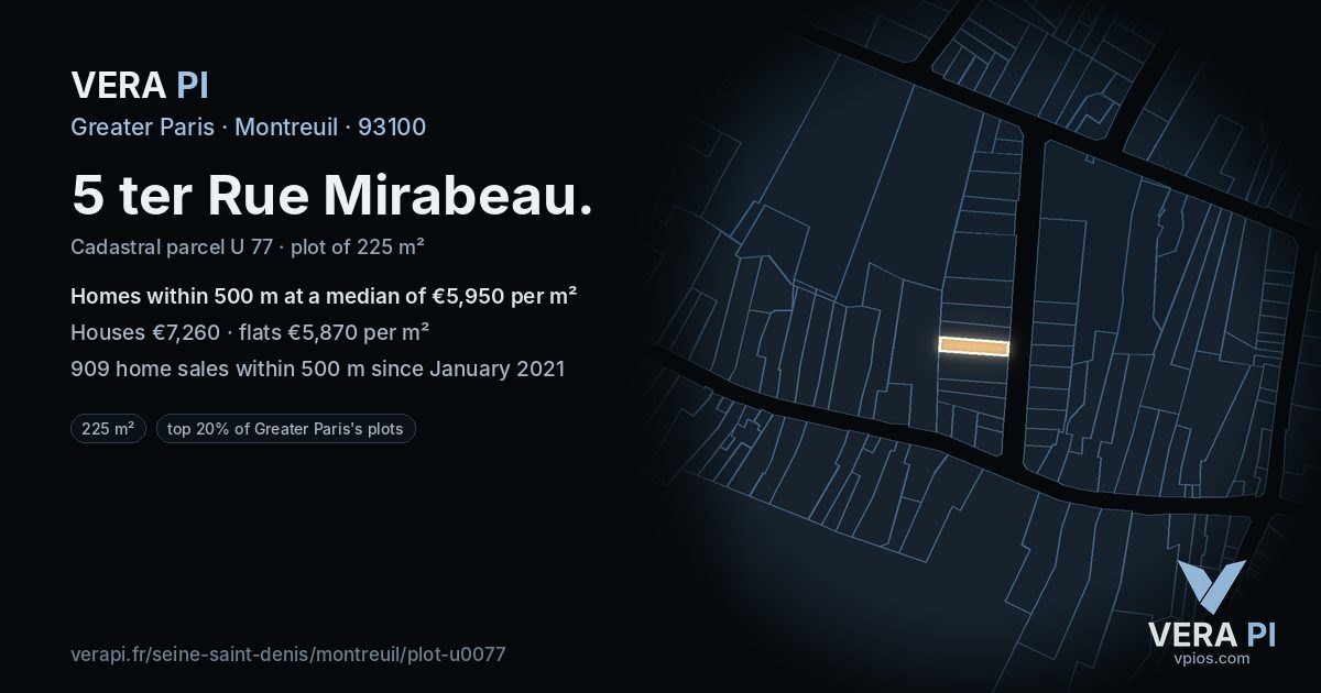 5 ter Rue Mirabeau, Montreuil at night – the plot lit, the parcels around coloured by the prices near them