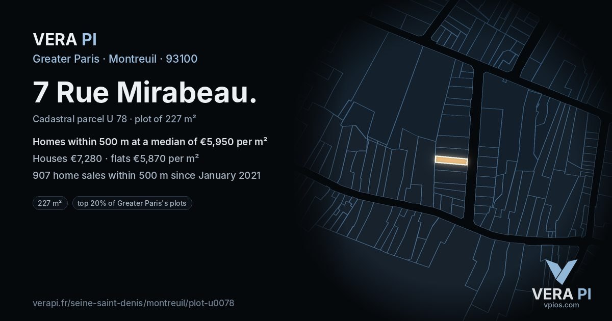7 Rue Mirabeau, Montreuil at night – the plot lit, the parcels around coloured by the prices near them