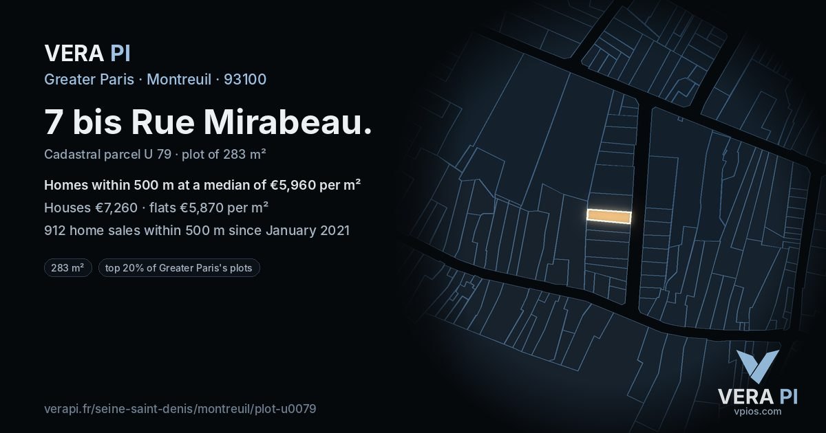 7 bis Rue Mirabeau, Montreuil at night – the plot lit, the parcels around coloured by the prices near them
