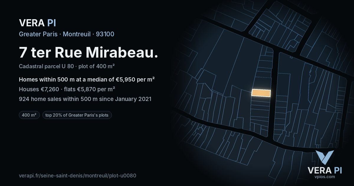 7 ter Rue Mirabeau, Montreuil at night – the plot lit, the parcels around coloured by the prices near them
