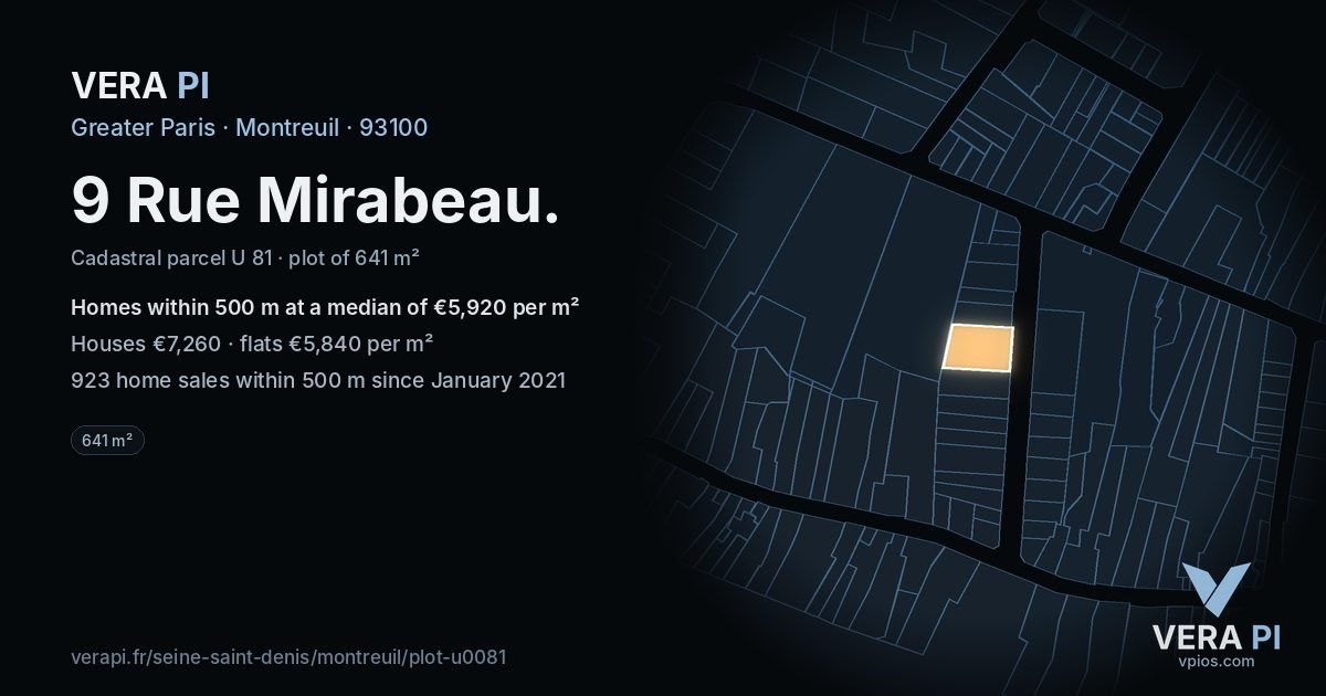 9 Rue Mirabeau, Montreuil at night – the plot lit, the parcels around coloured by the prices near them