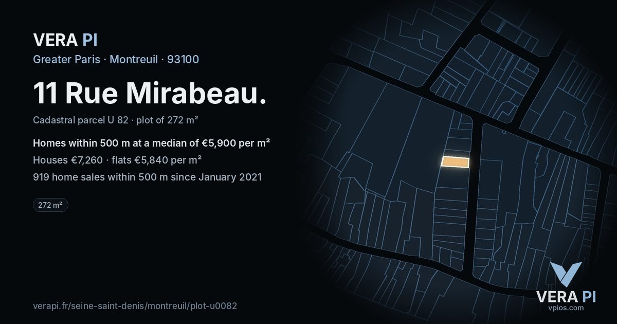 11 Rue Mirabeau, Montreuil at night – the plot lit, the parcels around coloured by the prices near them