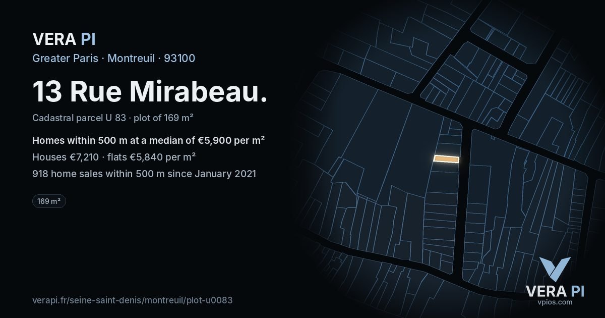 13 Rue Mirabeau, Montreuil at night – the plot lit, the parcels around coloured by the prices near them