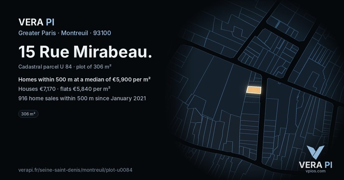 15 Rue Mirabeau, Montreuil at night – the plot lit, the parcels around coloured by the prices near them