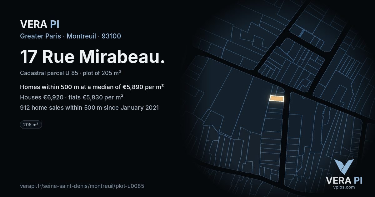 17 Rue Mirabeau, Montreuil at night – the plot lit, the parcels around coloured by the prices near them