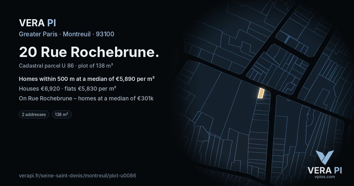 20 Rue Rochebrune, Montreuil at night – the plot lit, the parcels around coloured by the prices near them
