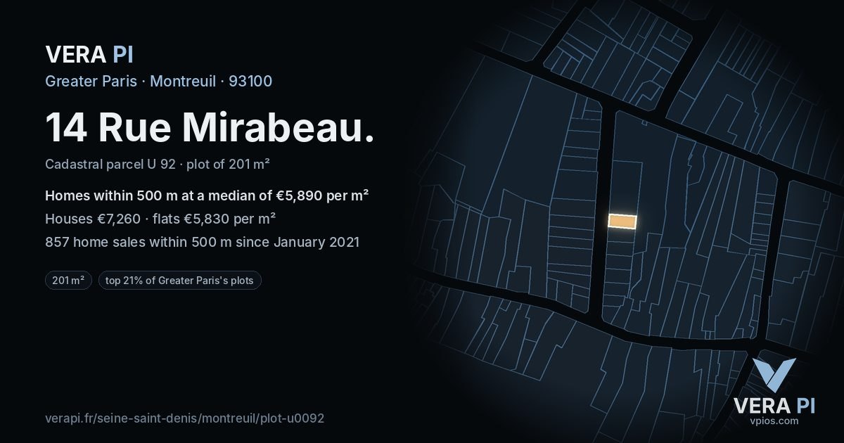 14 Rue Mirabeau, Montreuil at night – the plot lit, the parcels around coloured by the prices near them