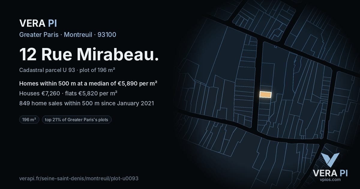 12 Rue Mirabeau, Montreuil at night – the plot lit, the parcels around coloured by the prices near them
