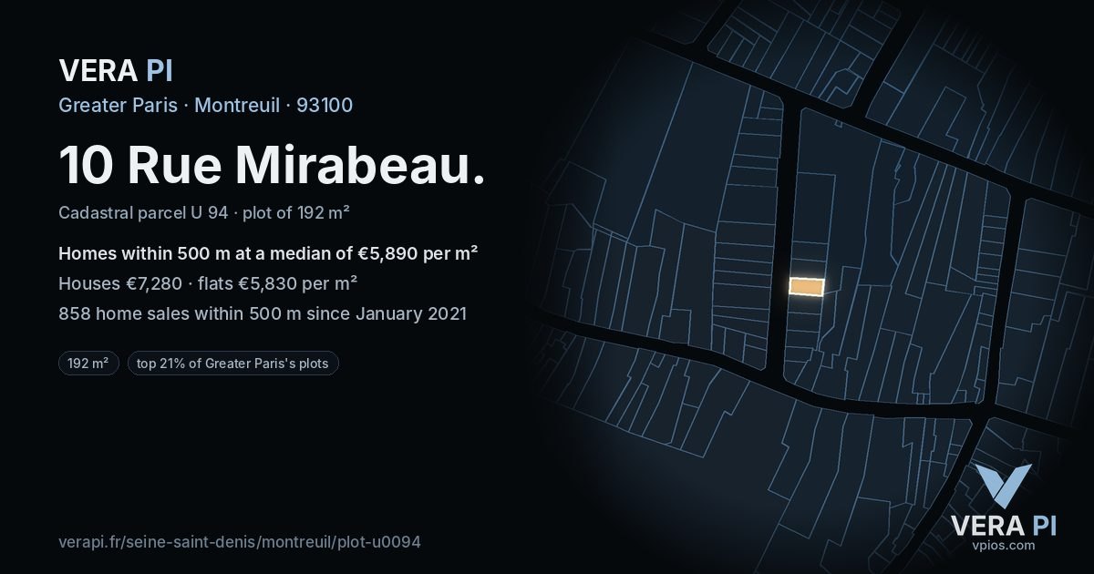 10 Rue Mirabeau, Montreuil at night – the plot lit, the parcels around coloured by the prices near them