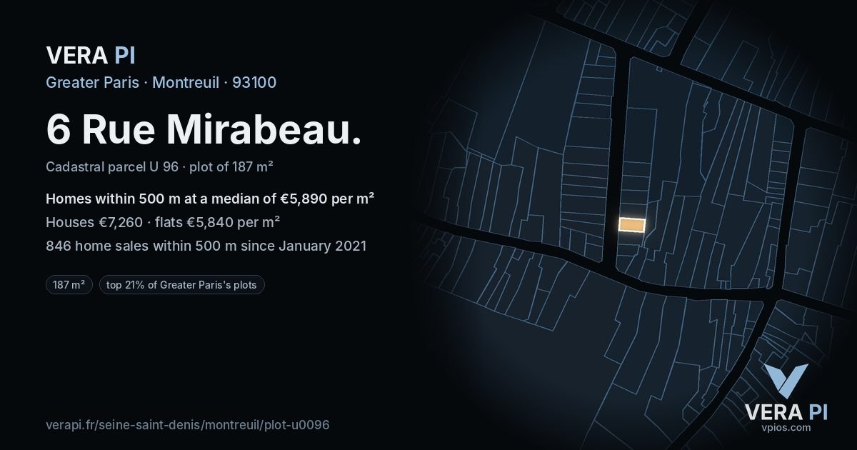 6 Rue Mirabeau, Montreuil at night – the plot lit, the parcels around coloured by the prices near them
