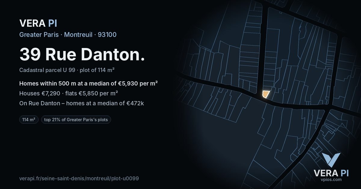 39 Rue Danton, Montreuil at night – the plot lit, the parcels around coloured by the prices near them