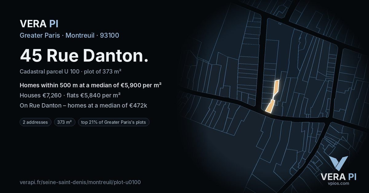 45 Rue Danton, Montreuil at night – the plot lit, the parcels around coloured by the prices near them