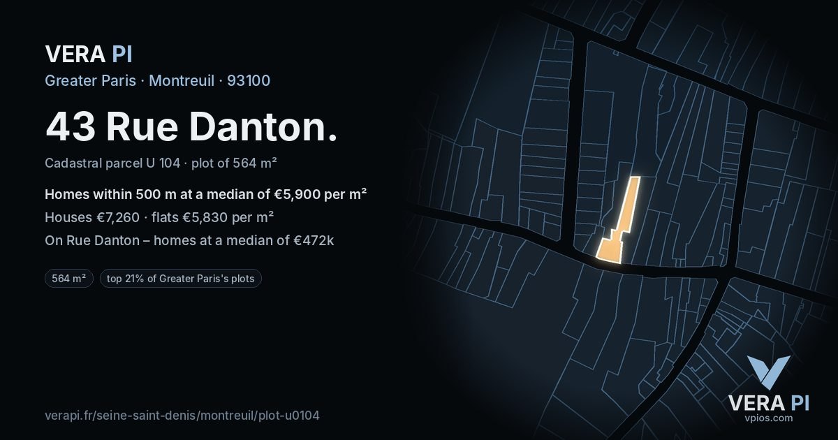 43 Rue Danton, Montreuil at night – the plot lit, the parcels around coloured by the prices near them
