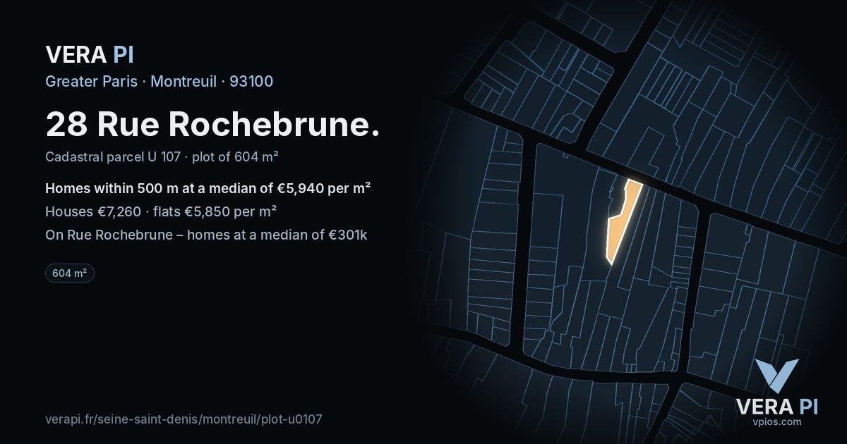 28 Rue Rochebrune, Montreuil at night – the plot lit, the parcels around coloured by the prices near them