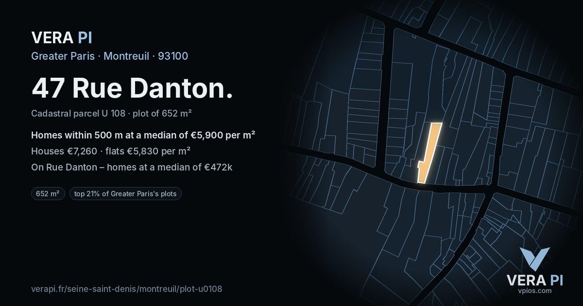 47 Rue Danton, Montreuil at night – the plot lit, the parcels around coloured by the prices near them