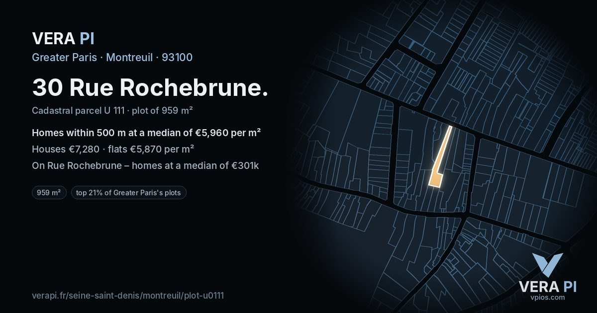 30 Rue Rochebrune, Montreuil at night – the plot lit, the parcels around coloured by the prices near them