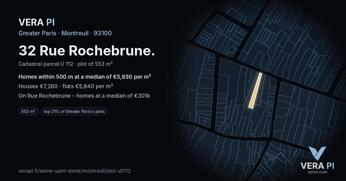 32 Rue Rochebrune, Montreuil at night – the plot lit, the parcels around coloured by the prices near them