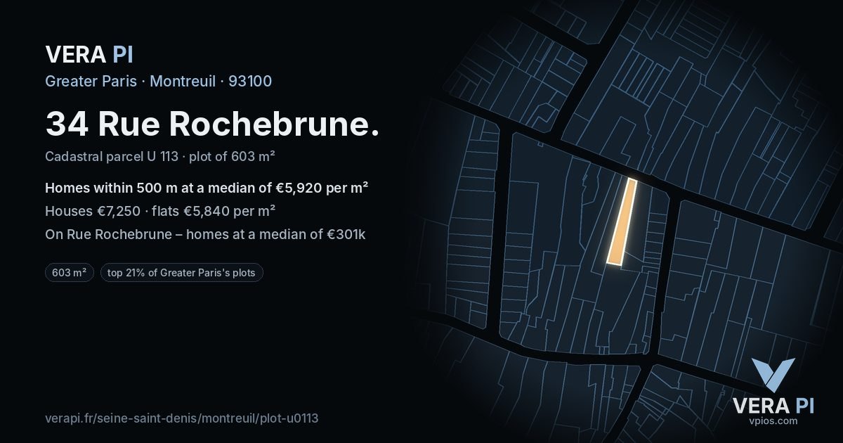 34 Rue Rochebrune, Montreuil at night – the plot lit, the parcels around coloured by the prices near them