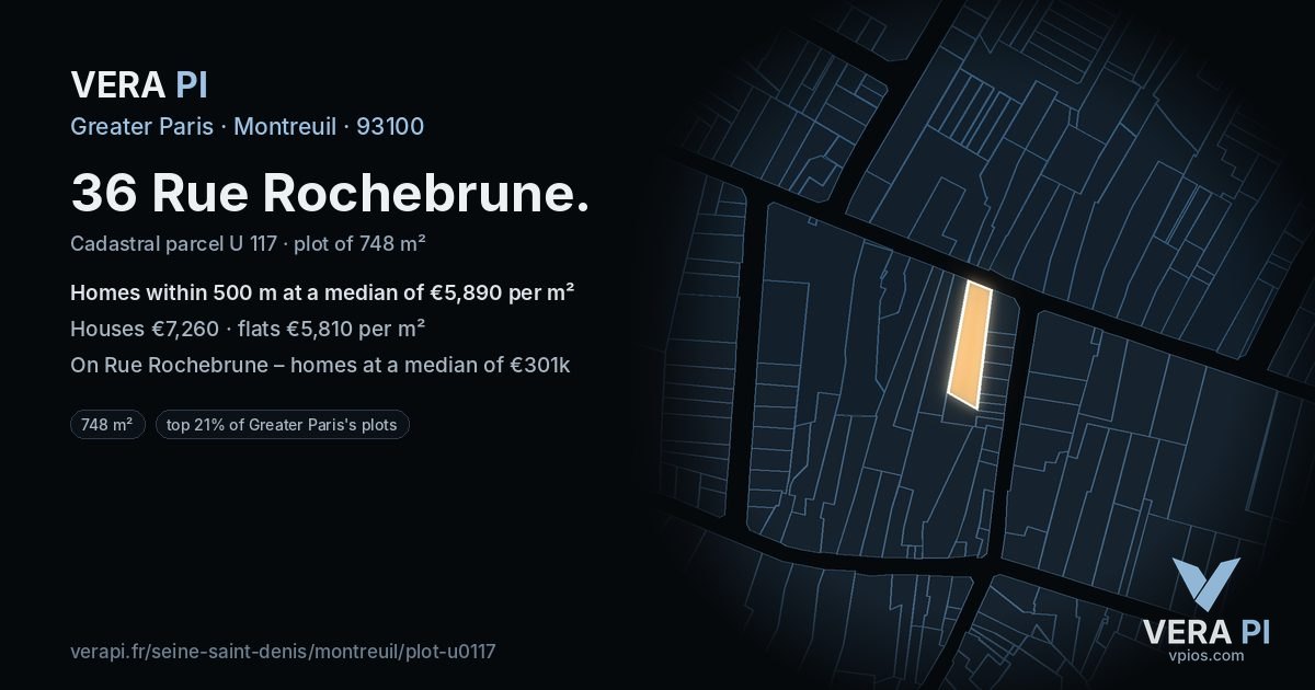 36 Rue Rochebrune, Montreuil at night – the plot lit, the parcels around coloured by the prices near them