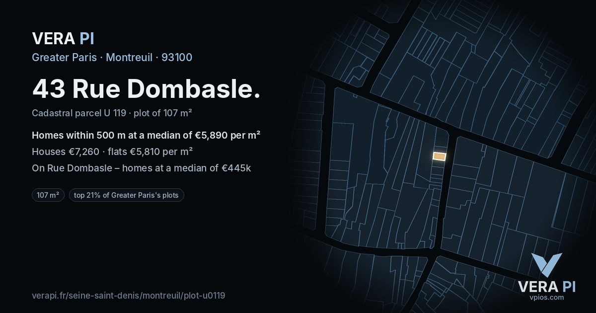 43 Rue Dombasle, Montreuil at night – the plot lit, the parcels around coloured by the prices near them