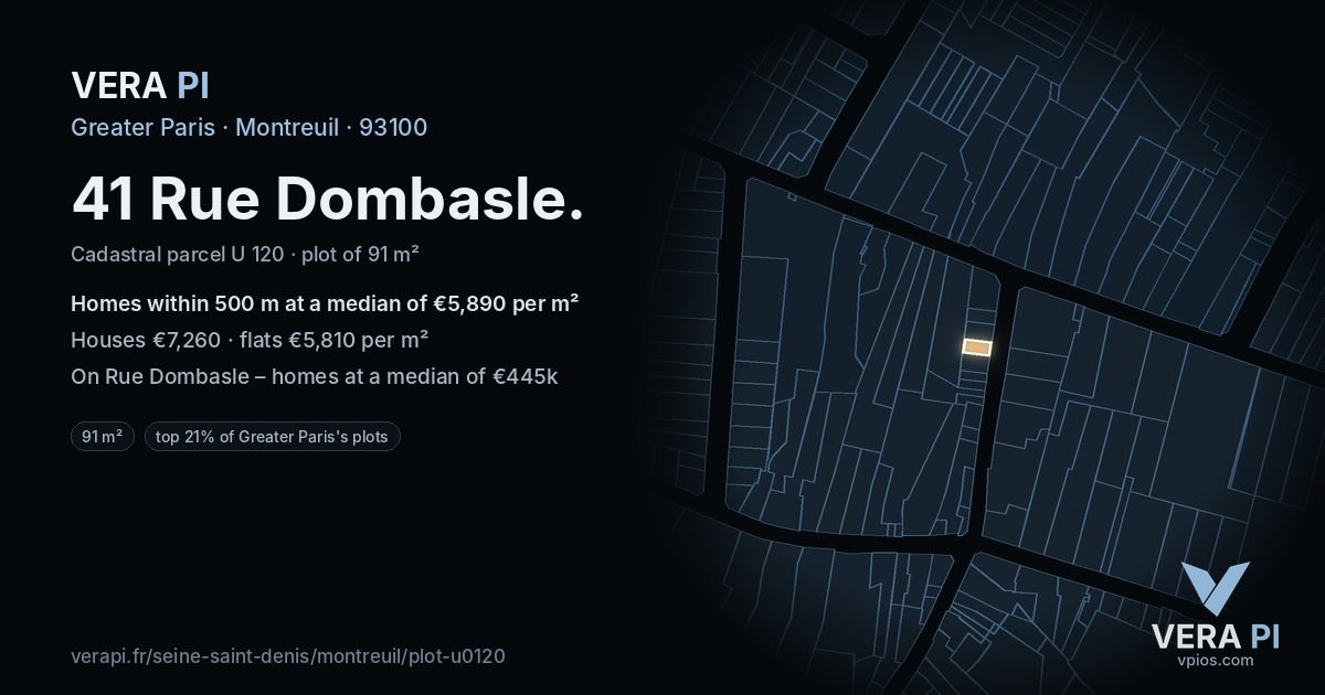 41 Rue Dombasle, Montreuil at night – the plot lit, the parcels around coloured by the prices near them