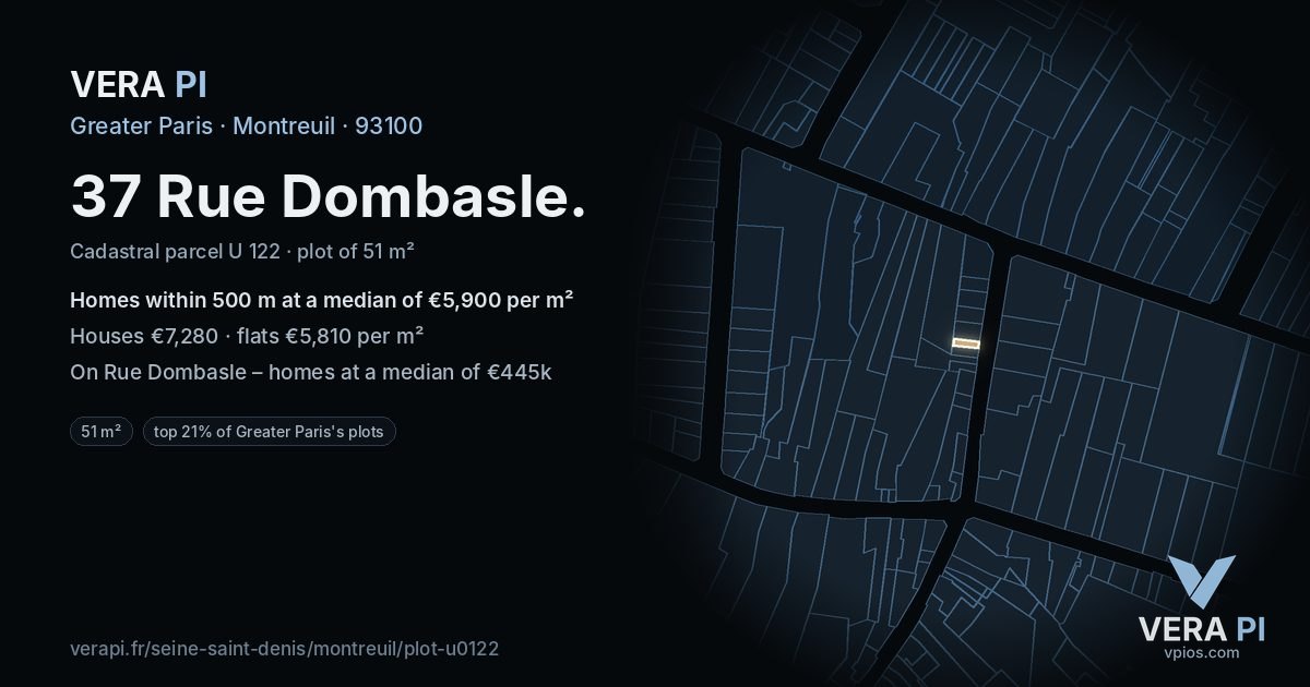 37 Rue Dombasle, Montreuil at night – the plot lit, the parcels around coloured by the prices near them