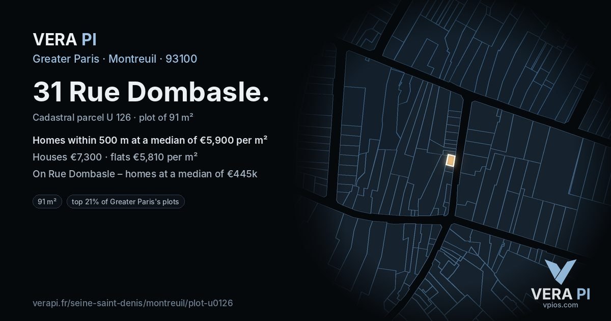 31 Rue Dombasle, Montreuil at night – the plot lit, the parcels around coloured by the prices near them