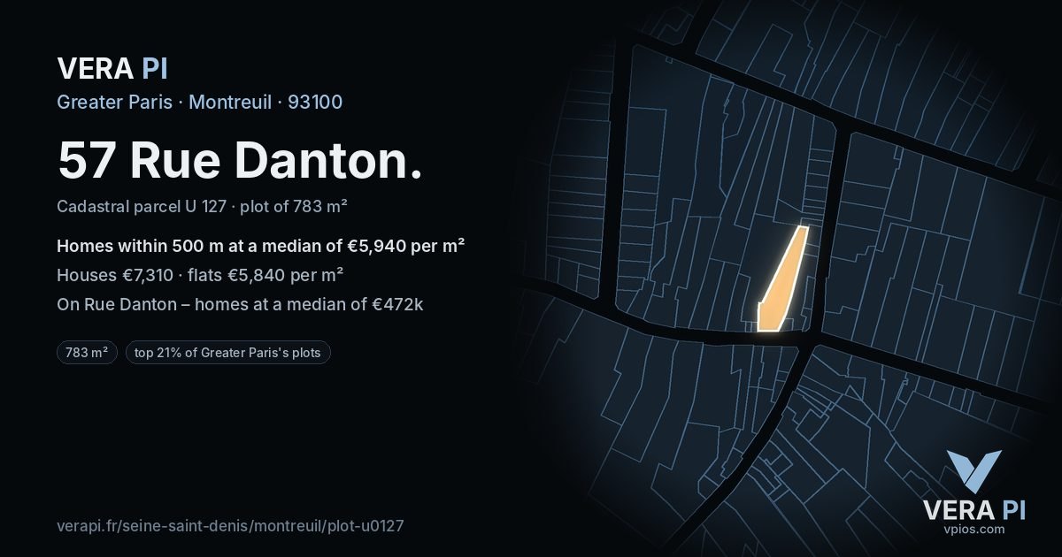 57 Rue Danton, Montreuil at night – the plot lit, the parcels around coloured by the prices near them