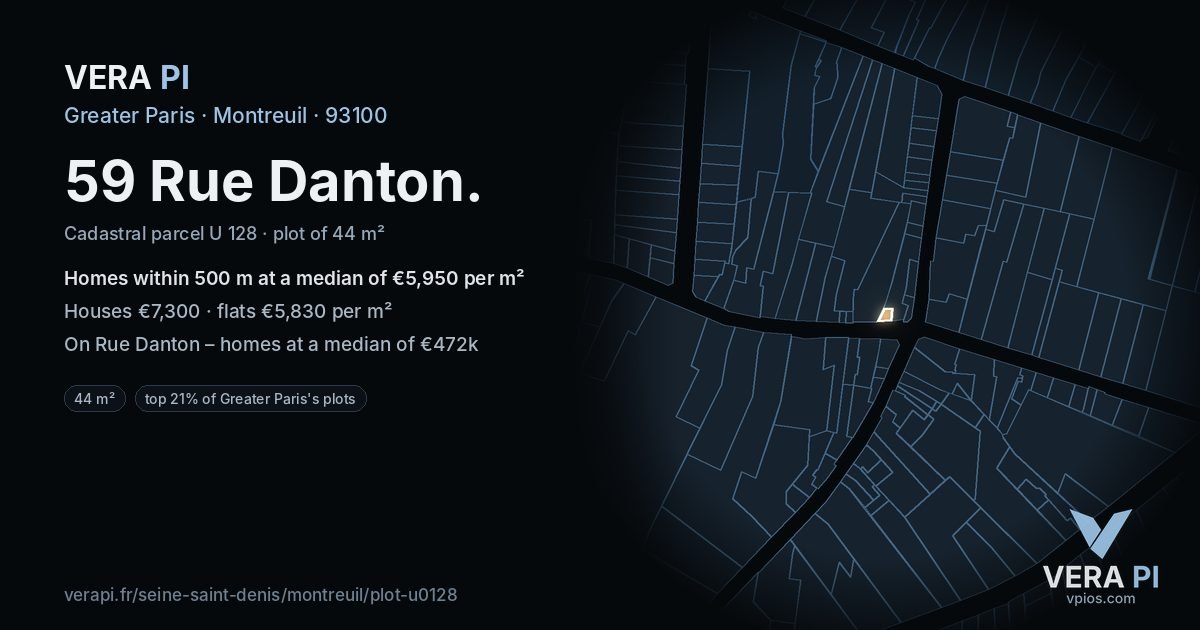 59 Rue Danton, Montreuil at night – the plot lit, the parcels around coloured by the prices near them