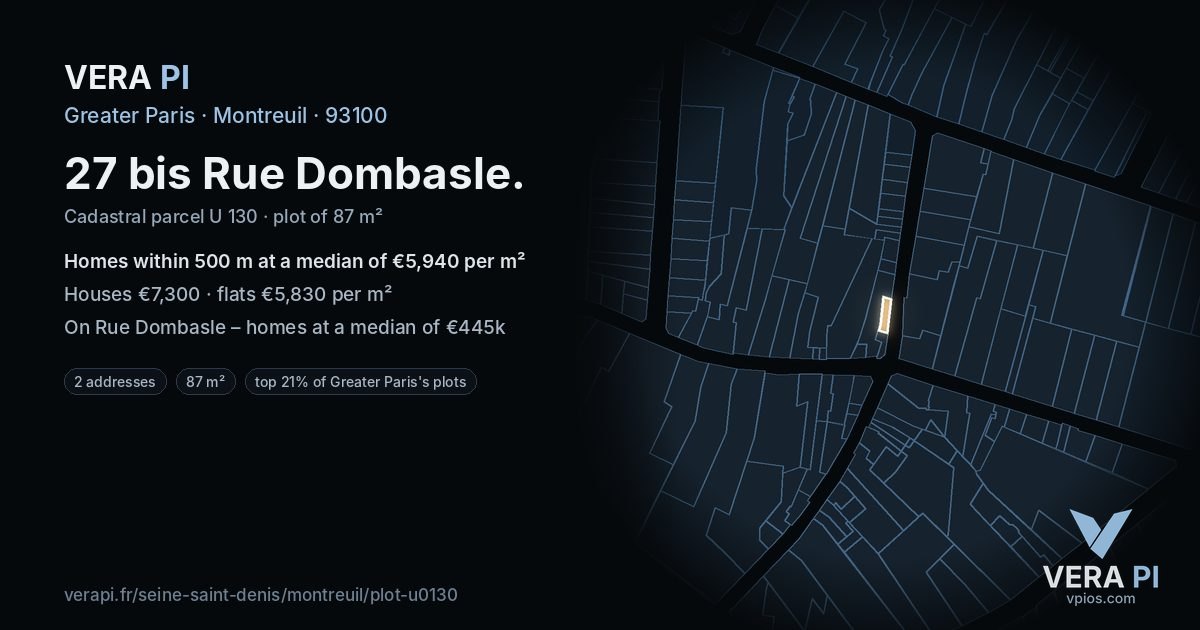 27 bis Rue Dombasle, Montreuil at night – the plot lit, the parcels around coloured by the prices near them