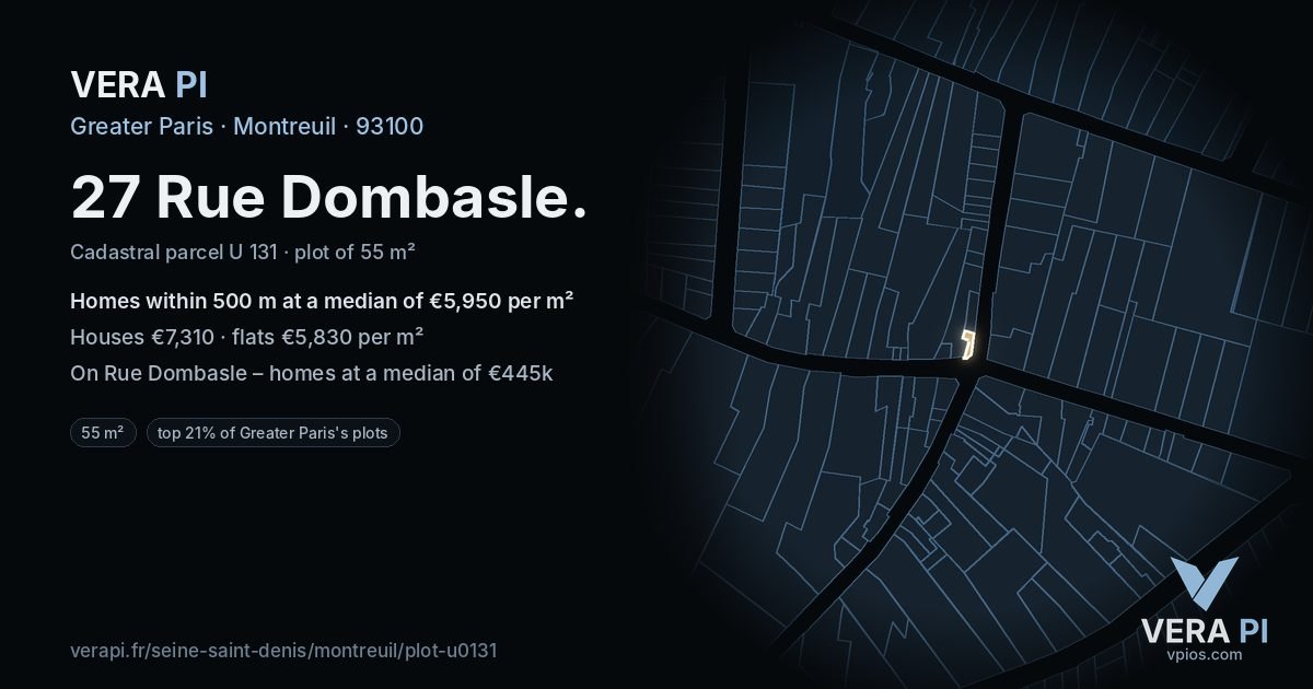 27 Rue Dombasle, Montreuil at night – the plot lit, the parcels around coloured by the prices near them
