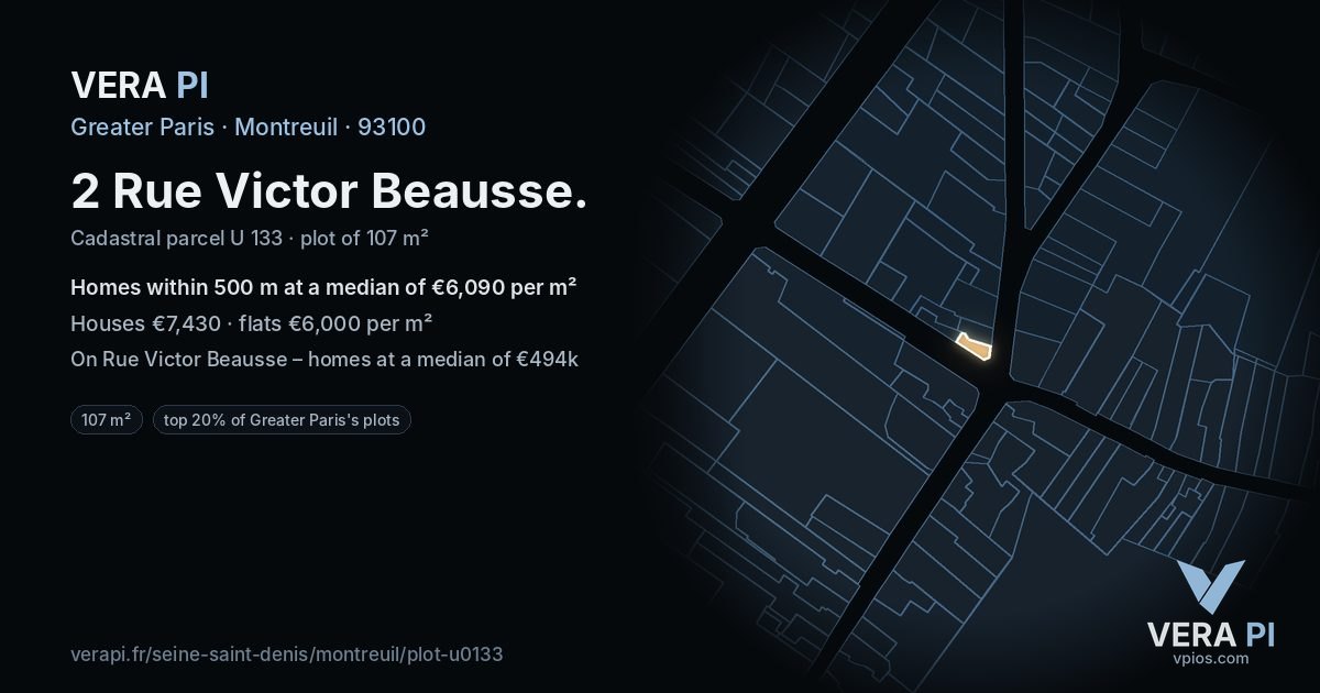 2 Rue Victor Beausse, Montreuil at night – the plot lit, the parcels around coloured by the prices near them