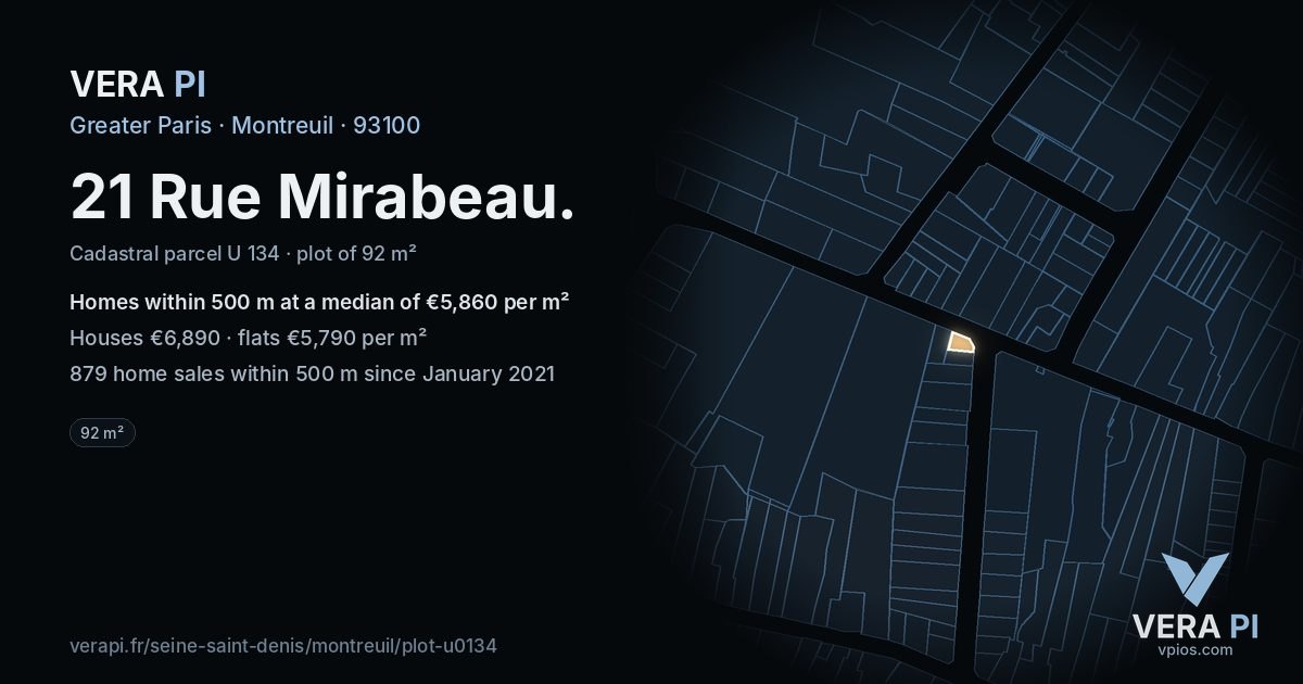 21 Rue Mirabeau, Montreuil at night – the plot lit, the parcels around coloured by the prices near them