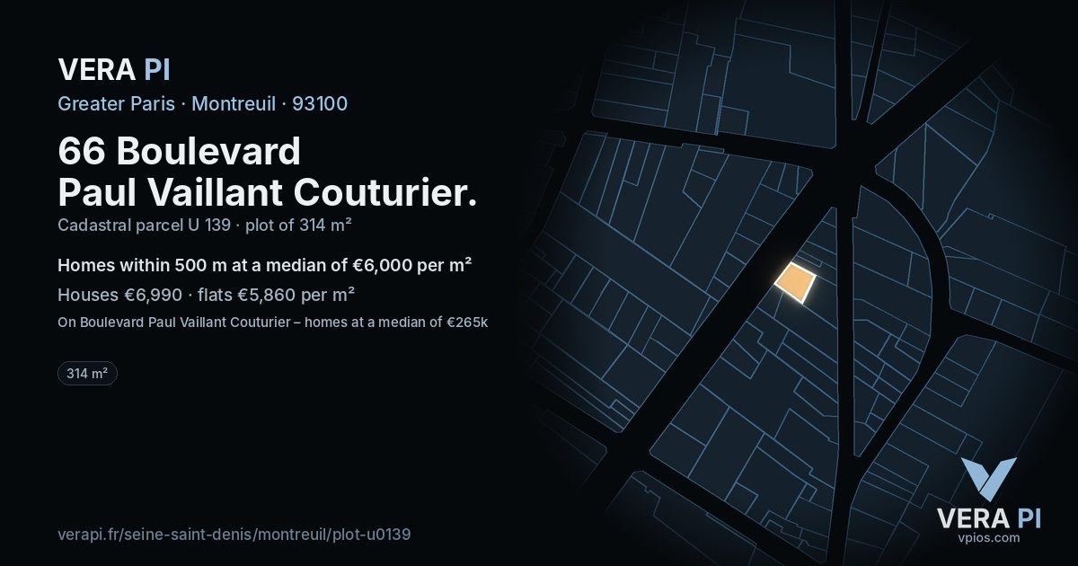 66 Boulevard Paul Vaillant Couturier, Montreuil at night – the plot lit, the parcels around coloured by the prices near them