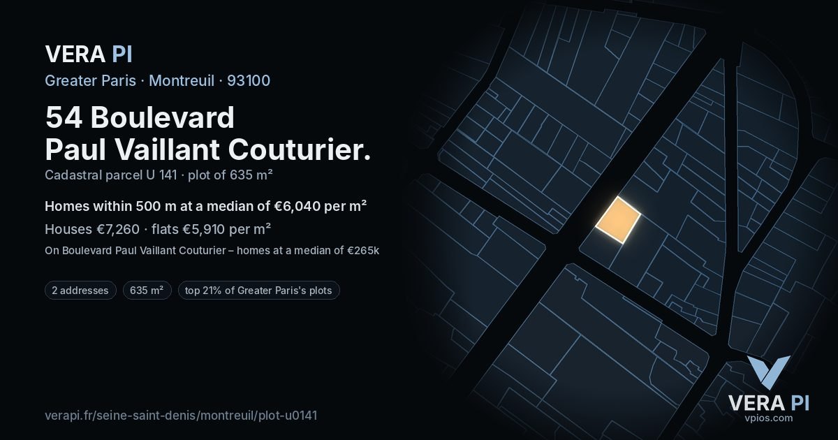 54 Boulevard Paul Vaillant Couturier, Montreuil at night – the plot lit, the parcels around coloured by the prices near them
