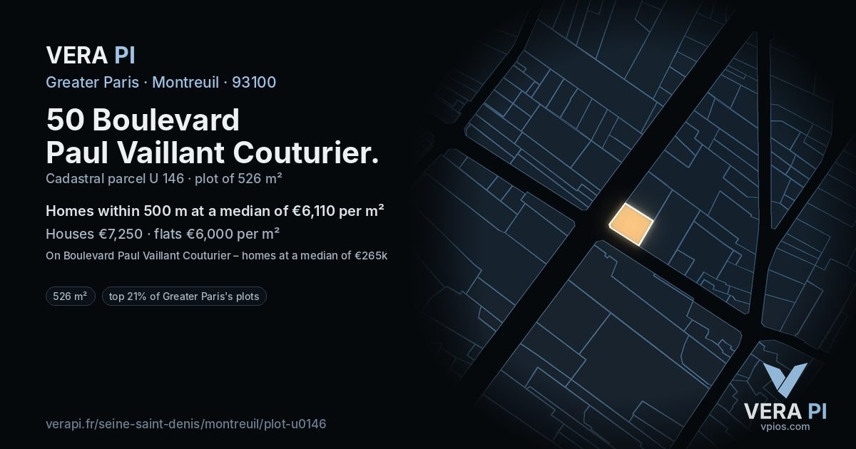 50 Boulevard Paul Vaillant Couturier, Montreuil at night – the plot lit, the parcels around coloured by the prices near them