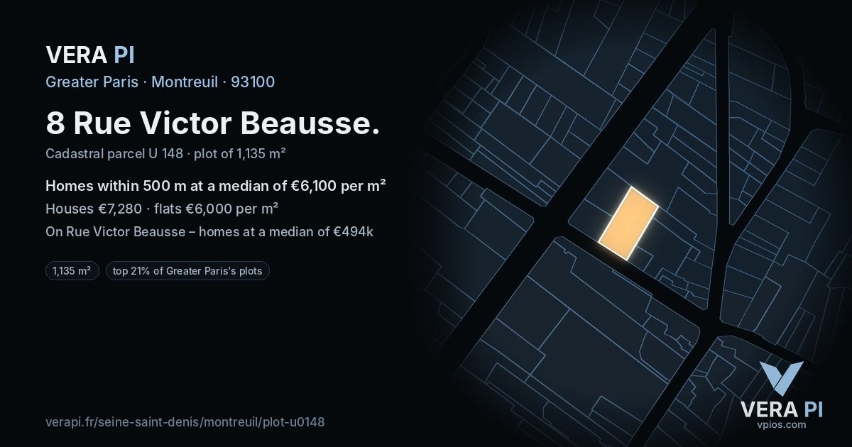 8 Rue Victor Beausse, Montreuil at night – the plot lit, the parcels around coloured by the prices near them