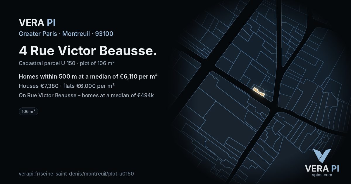 4 Rue Victor Beausse, Montreuil at night – the plot lit, the parcels around coloured by the prices near them