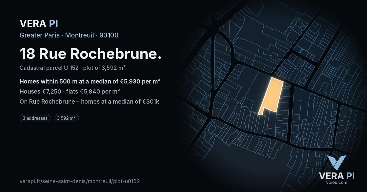 18 Rue Rochebrune, Montreuil at night – the plot lit, the parcels around coloured by the prices near them