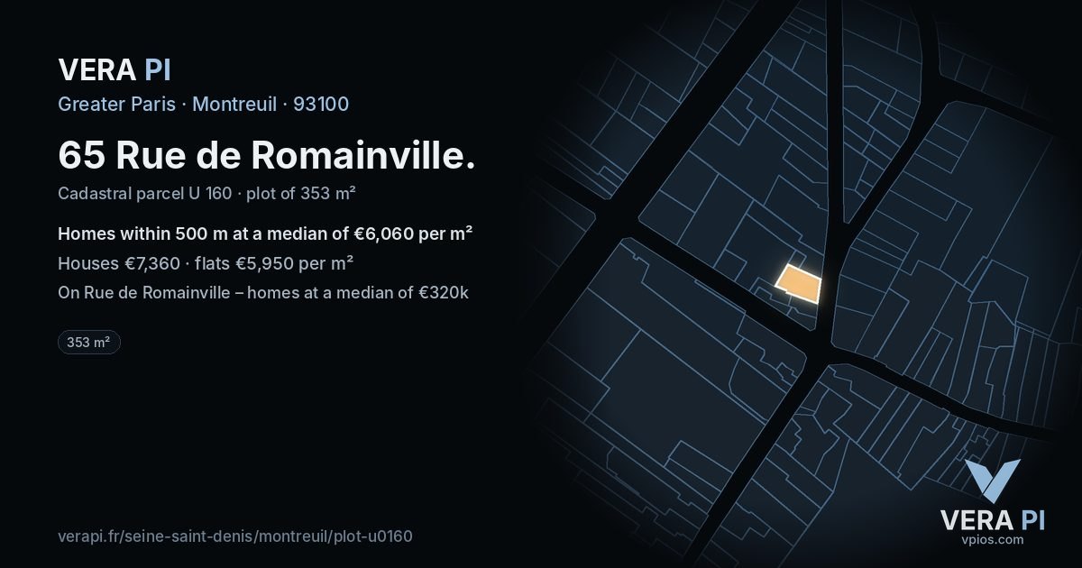 65 Rue de Romainville, Montreuil at night – the plot lit, the parcels around coloured by the prices near them