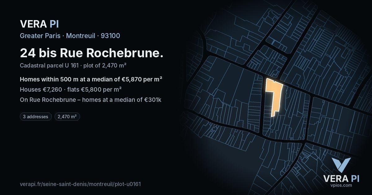 24 bis Rue Rochebrune, Montreuil at night – the plot lit, the parcels around coloured by the prices near them