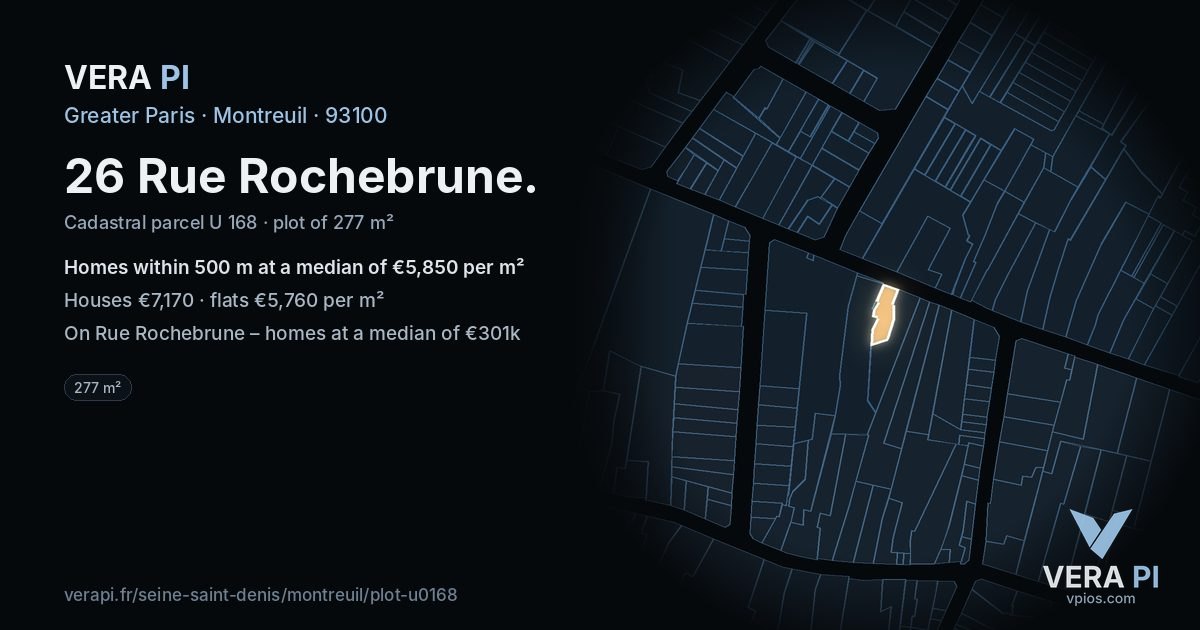 26 Rue Rochebrune, Montreuil at night – the plot lit, the parcels around coloured by the prices near them