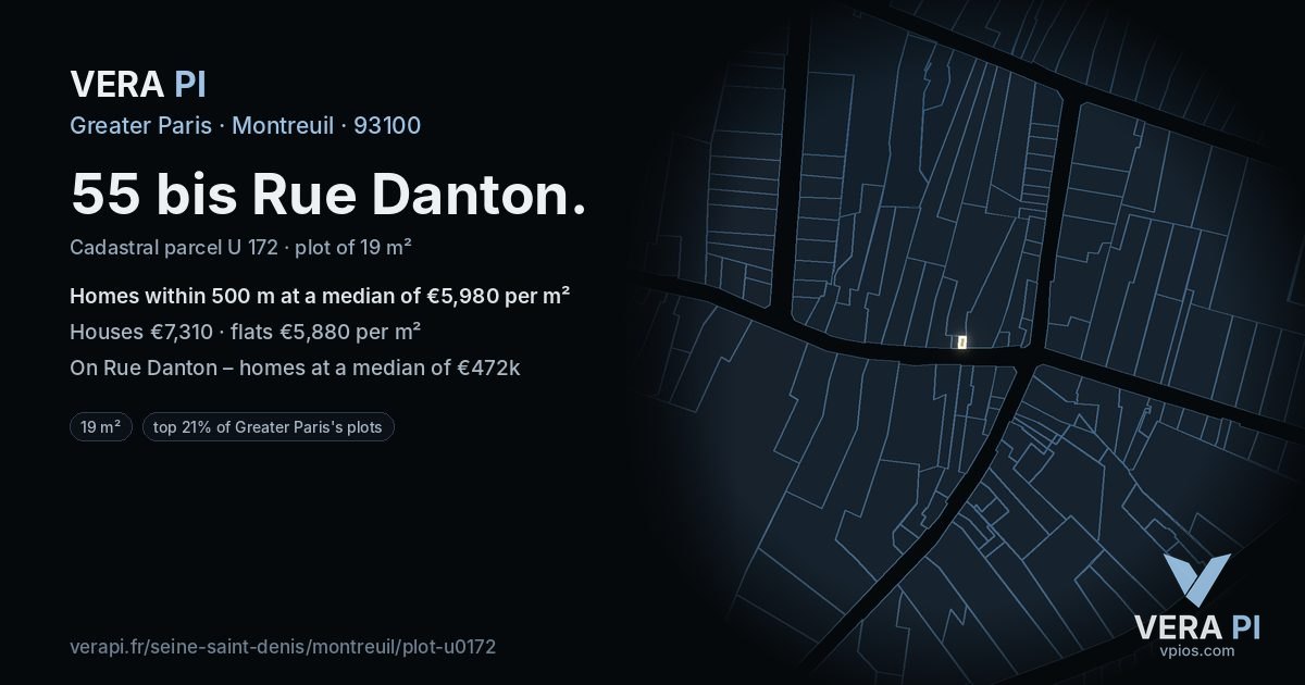 55 bis Rue Danton, Montreuil at night – the plot lit, the parcels around coloured by the prices near them