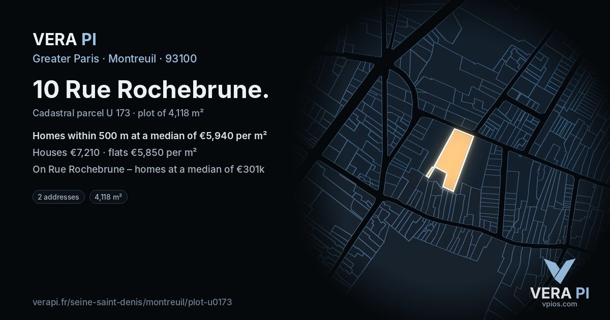 10 Rue Rochebrune, Montreuil at night – the plot lit, the parcels around coloured by the prices near them