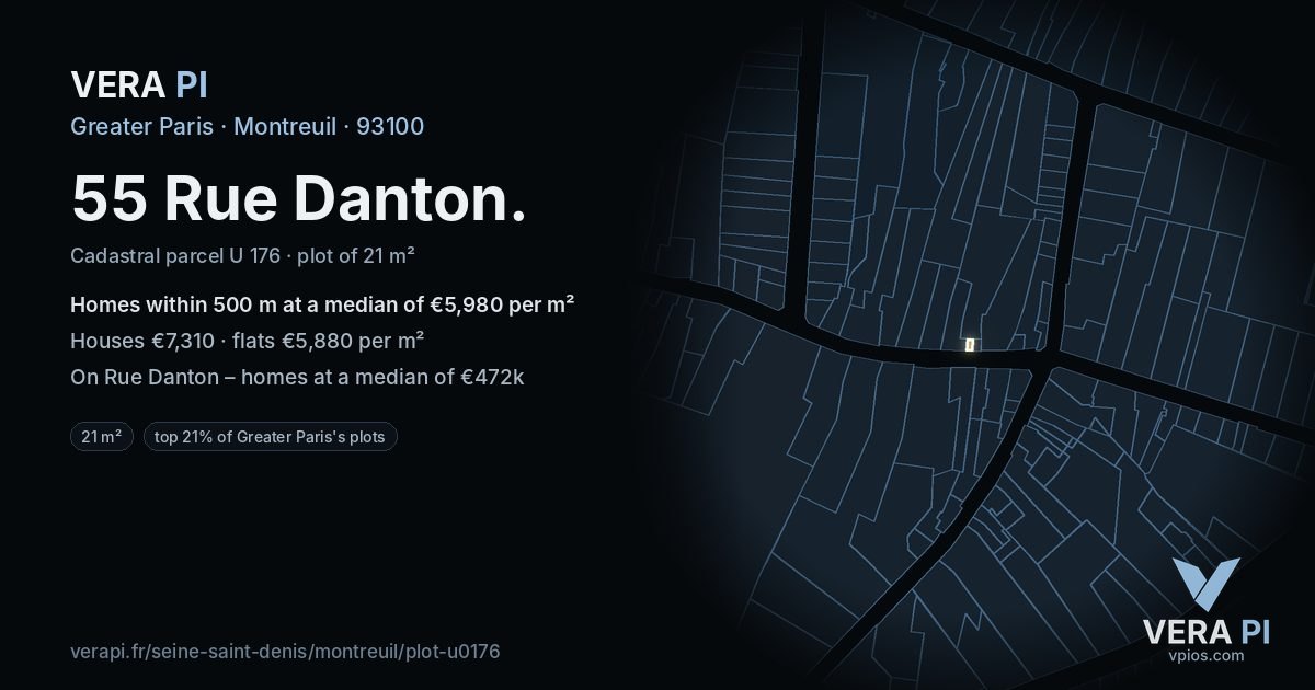 55 Rue Danton, Montreuil at night – the plot lit, the parcels around coloured by the prices near them