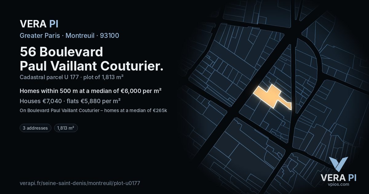 56 Boulevard Paul Vaillant Couturier, Montreuil at night – the plot lit, the parcels around coloured by the prices near them