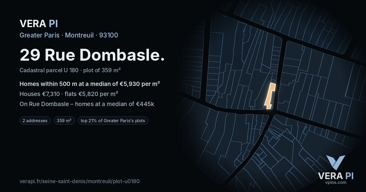 29 Rue Dombasle, Montreuil at night – the plot lit, the parcels around coloured by the prices near them