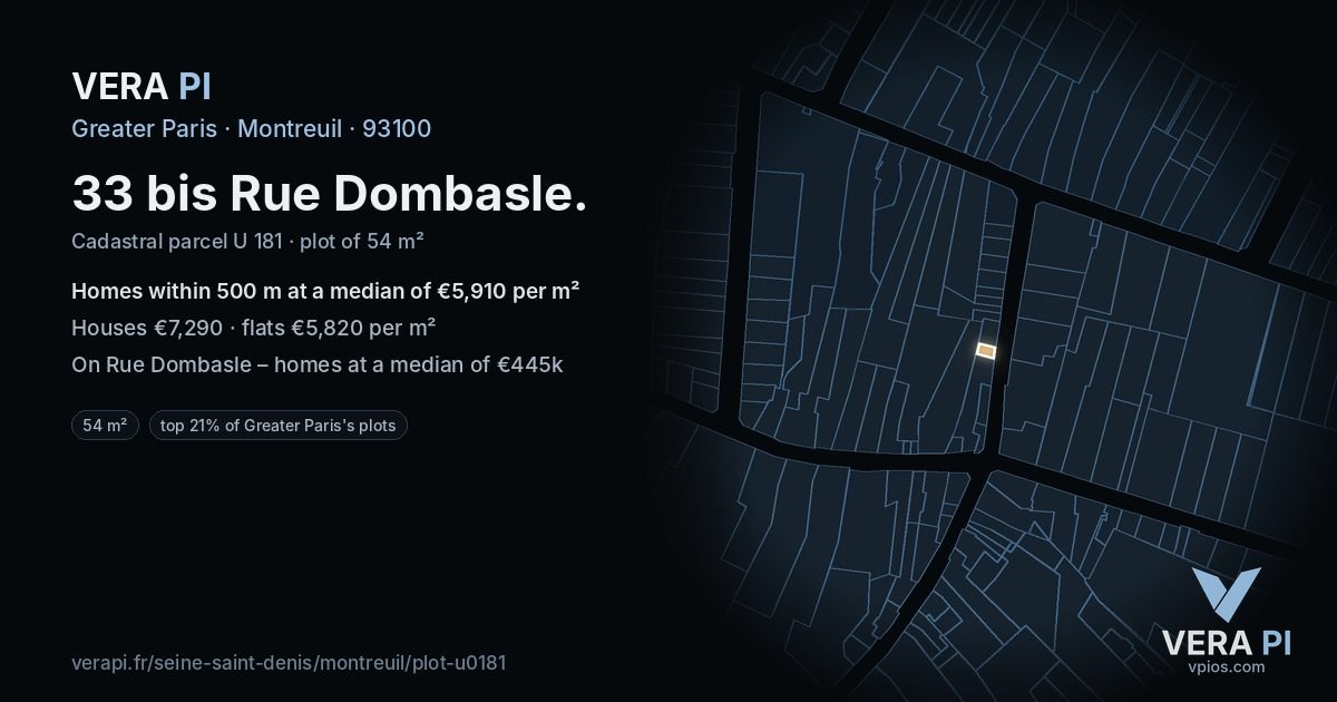 33 bis Rue Dombasle, Montreuil at night – the plot lit, the parcels around coloured by the prices near them